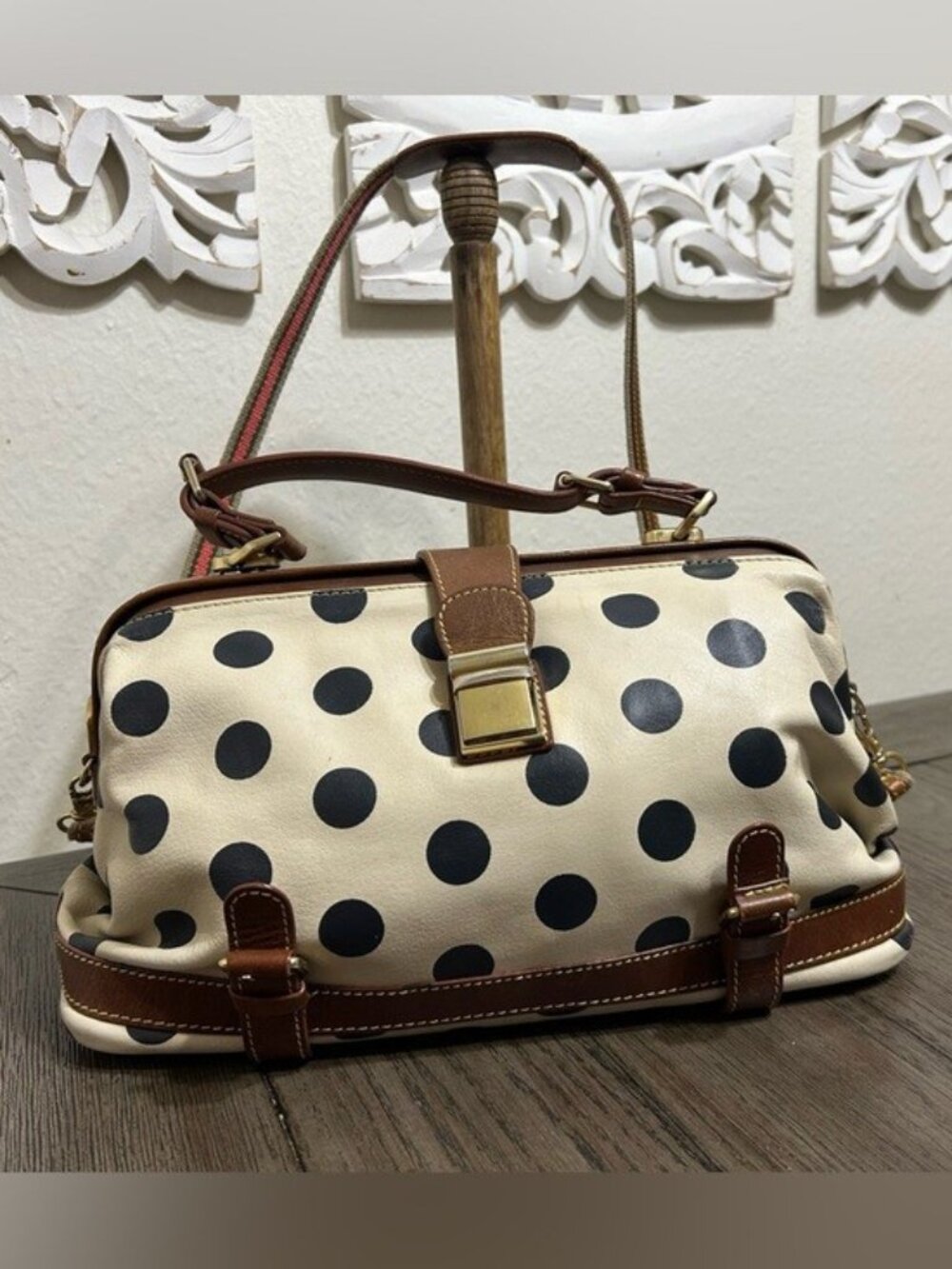 HOLDING HORSES Cream and Black Polka Dot Top Handle Doctor Bag with Brown Trim